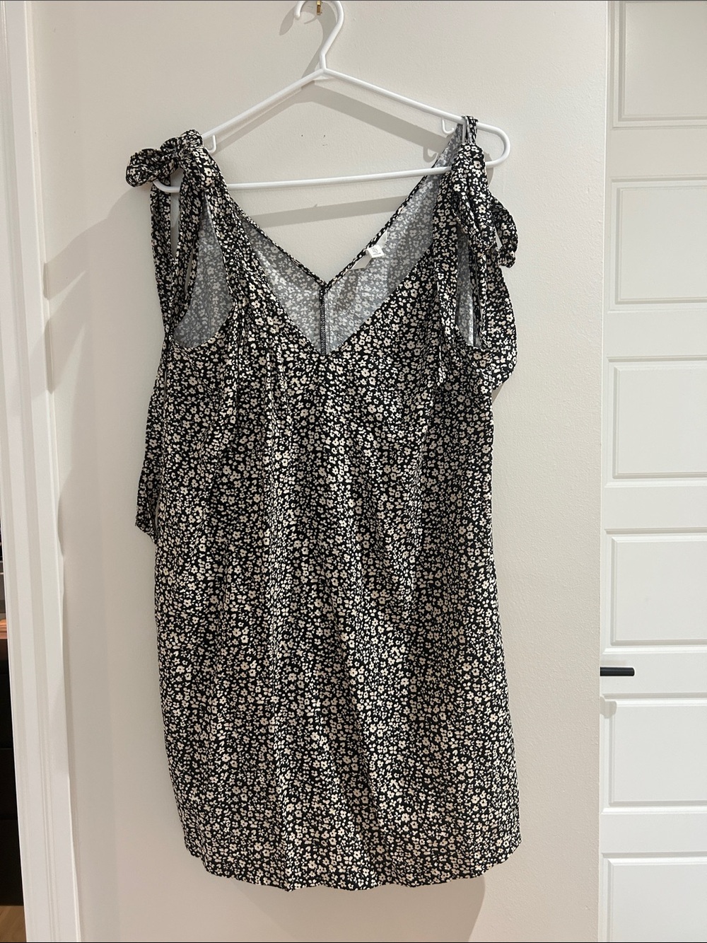 H&M Black Mini Dress with White Floral Print and Tie Straps